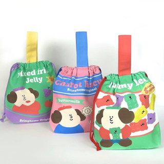 Bringhome Childhood Snack Drawstring Bag ถุงผ้าแคนวาสหูรูด ลายขนม มีหูหิ้วพกพาสะดวก กระเป๋ามีก้นจุของได้เยอะ