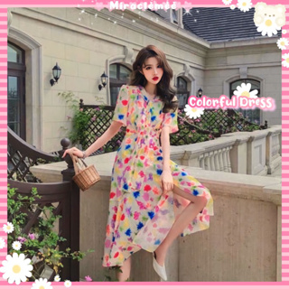 Colorful Maxi Dress เดรสคอวี ลายดอกไม้โทนหลากสี แขนสั้น เนื้อผ้าดี เดรสลายดอกไม้ เดรสกระโปรง งานป้ายBeidi