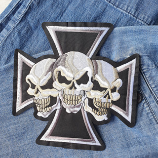 อาร์มปัก แผ่นรีดติดเสื้อ Maltese 3 Skull Cross ตัวรีดติดเสื้อ ขนาดใหญ่ สไตล์ Biker Rock