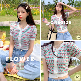 💥HOT SALE💥เสื้อไหมพรมลายดอกไม้ กระดุมมุก แขนสั้นคอวี