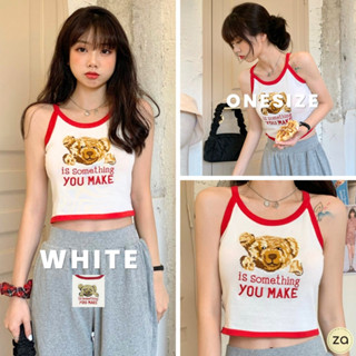 💥HOT SALE💥เสื้อครอปสายเดี่ยวไหมพรมสายเดี่ยว ขอบแดง ปักหมี is something you make