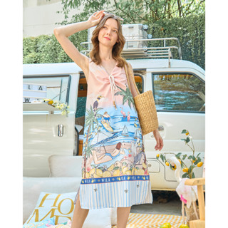 Wila-ZESTY BEACH DRESSเดรสคอวีทรงเอ ความยาวครึ่งแข้ง แขนกุด จับเดรปรูด สอดเชือกผูกที่อก ทรงสวมศีรษะ มีกระดุมหลัง ผ่าข้าง