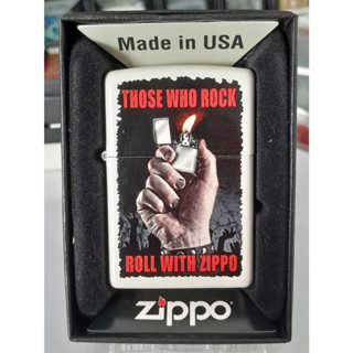 ZIPPO 214 PLANETA ENCORE  THOSE WHO ROCK ROLL WITH  ZIPPO   สีขาวเมทาลิค ลายแบบสกรีน  ของใหม่ไม่ผ่านการใช้งาน  ของแท้