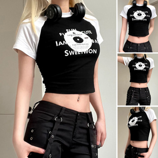 ผู้หญิงจดหมายพิมพ์ Crop Tops Contrast สีแขนสั้นลูกเรือคอ SLIM FIT เสื้อยืดฤดูร้อนสะดือเสื้อ Streetwear