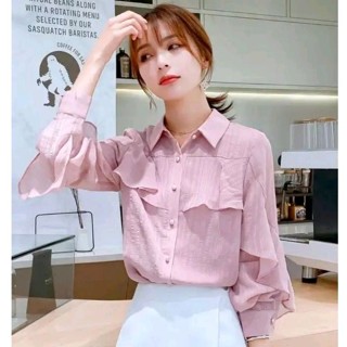 เสื้อเชิ้ตแขนยาว แต่ระบายแขน ผ้าไม่ต้องรีด ใส่สบาย สีชมพู