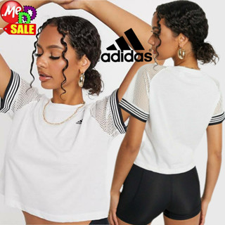 Adidas - ใหม่ เสื้อยืดครอปเอวลอยใส่ออกกำลังกาย ADIDAS CROPPED TEE WITH MESH SLEEVES 3-STRIPES RINGER TEE Fl2291 FJ7324