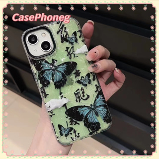 🍑CasePhoneg🍑ป้องกันการหล่น ขอบเต็ม iPhone 11 14 pro max ผีเสื้อ สีเขียว เส้นขอบโปร่งใส หวานเท่ case for iPhone 12 13