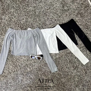 Atipashop - BABE LONGSLEEVE เสื้อครอป ปาดไหล่ แขนยาว