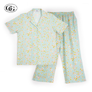 G&amp;G Nightwear รุ่น EN6P31 ชุดนอนเสื้อแขนสั้นคอปก + กางเกงขา 4 ส่วน ลายดอกไม้ ผ้า Spun Rayon สี GR