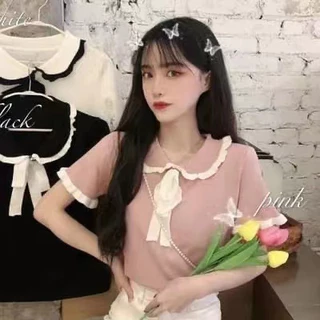 DODO🌟พร้อมส่ง🌟เสื้อไหมพรม แต่งขอบระบาย ผูกโบว์หน้า น่ารักสไตล์คุณหนู(5108)
