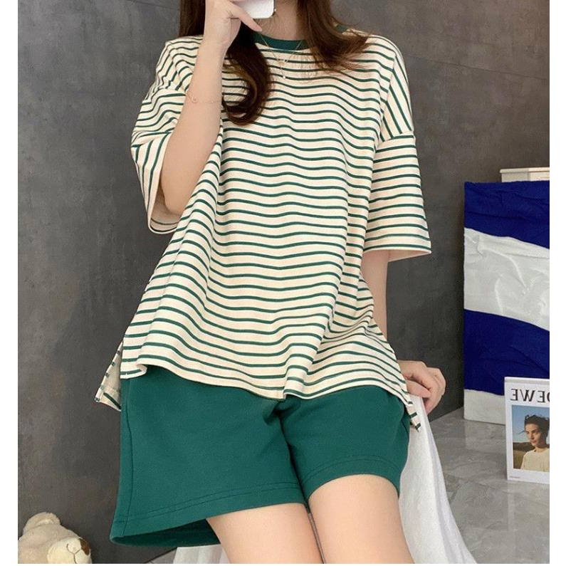 🔥🔥M-4XL，ราคาที่ถูกที่สุด，ชุดนอนผู้หญิง， ลายขวาง， ผ้าฝ้ายเนื้อนุ่ม， 4 สี， ชุด 3 ชิ้น，ขาสั้น+เสื้อ+ฟองน้ํา - รูปที่ 3