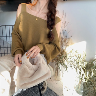 🌈พร้อมส่ง🌈44127 เสื้อไหมพรม แขนยาวเปิดไหล่ เซ็กซี่