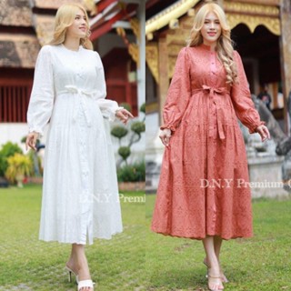 รับงานบุญ!!! M-2XL Maxi Dress เดรสสีน้ำตาล,เดรสสีขาวแขนยาวผ้าฉลุลายกระดุมหน้า งานป้าย DNY