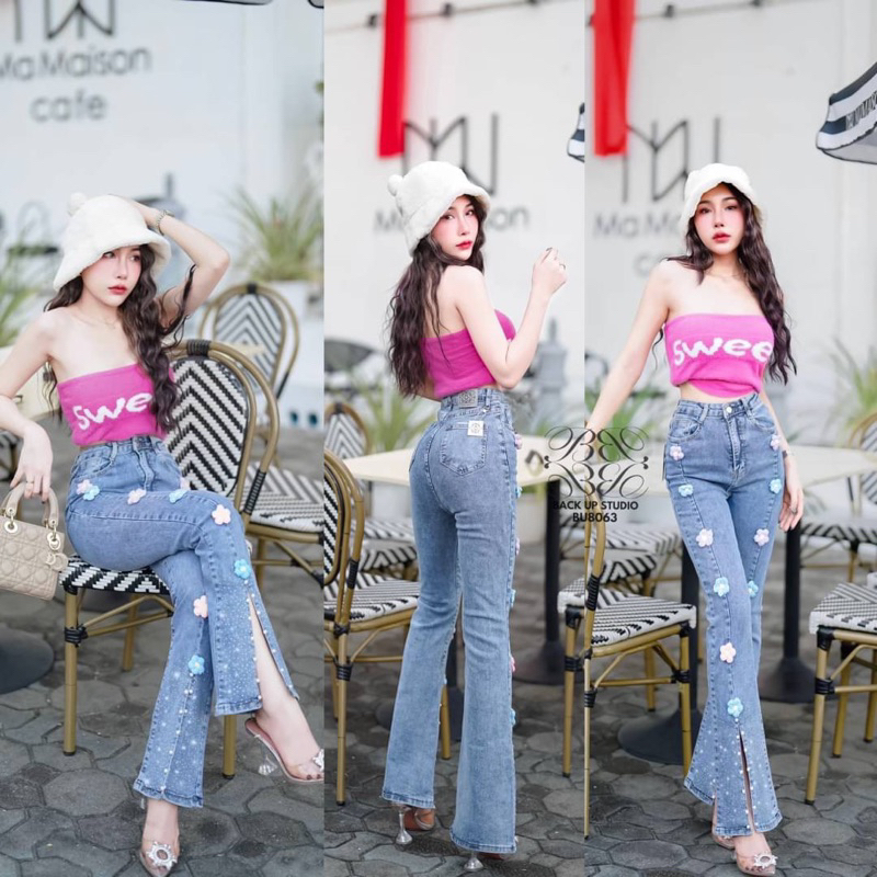 กางเกงยีนส์ทรงขาม้า เเต่งดอกไม้3Dผ่าหน้าปักเพชร🌸🌼 S-6XL