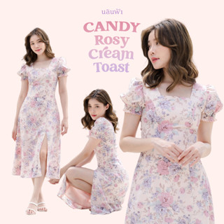 CANDY Rosy Cream Toast - เดรสคอสี่เหลี่ยม แขนตุ๊กตา สีชมพูอ่อนพิมพ์ลายดอกไม้ แหวกชายกระโปรง By Nalinfa