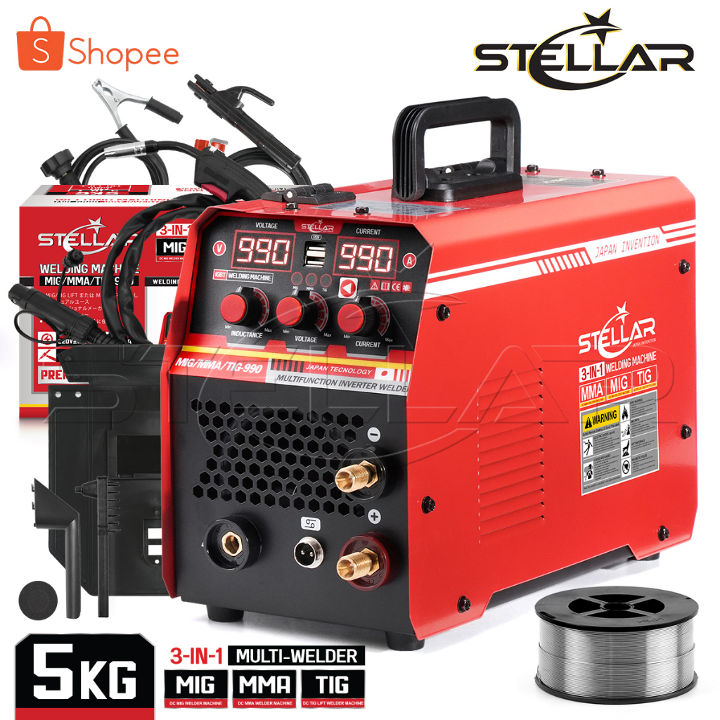 STELLAR ตู้เชื่อม MIG ตู้เชื่อมไฟฟ้า 3 ระบบ ขนาด 5 กิโล รุ่น MIG/MMA/TIG-990 พร้อมระบบ FLUX CORED, MIG, TIG LIFT และ MMA