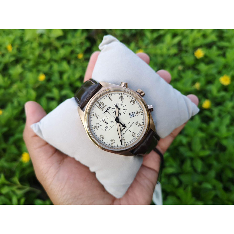 🌺Timex Men's Watch Waterbury Quartz Chrono Tan Dial Brown Leather Strap TW2R88300 นาฬิกา​ ( มือ​1 แท