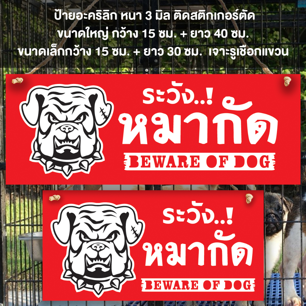 ป้ายระวังหมากัด อะคริลิก หนา 3 มิล ติดสติ๊กเกอร์ เจาะรู เชือกแขวน ขนาด15+40 ซม. กับ 15+30 ซม.
