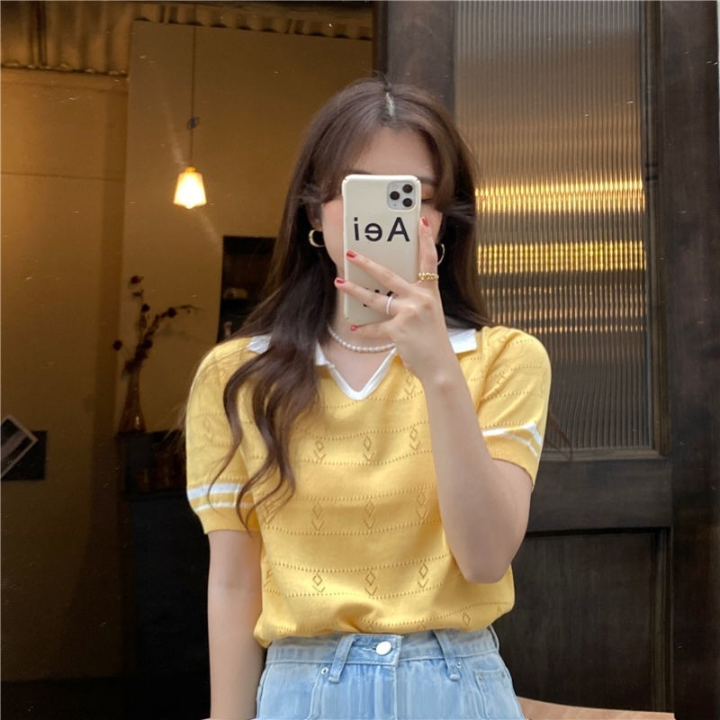 Anna A369 เสื้อคาร์ดิแกน แขนสั้น คอโปโล ผ้าถัก ทรงหลวม สีพื้น สําหรับผู้หญิง เสื้อยืด