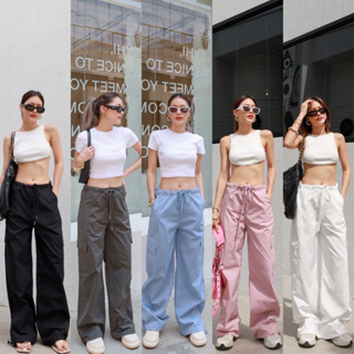 พร้อมส่ง new in y2k pants style กางเกงผ้าร่มเอวรูดเชือก