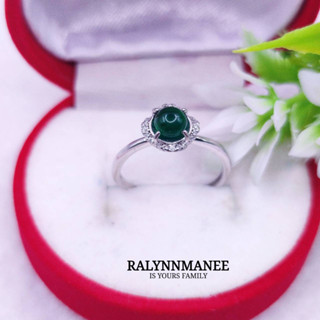 RP003 แหวนพลอยโมราหลังเบี้ยแท้ ( Chrysoprase ) ตัวเรือนเงินแท้ 925 ชุบทองคำขาวเป็นงานแก้ไซส์ฟรี