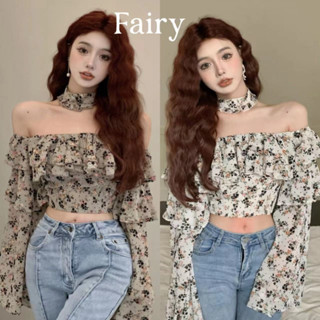 Fairy🍑Fairy พรีเมี่ยมปิดไหล่บัวใบหักดอกไม้ชีฟองเสื้อผู้หญิง