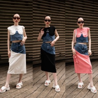 เซตทูโทน 2 ชิ้น เสื้อแขนกุดแต่งยีนส์+กระโปรงยาว VSHOP