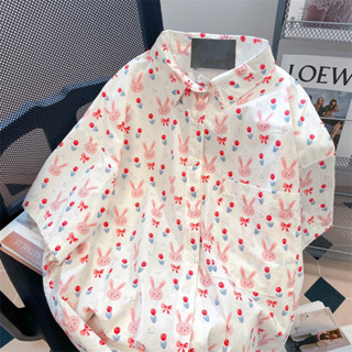 CHERISH (พร้อมส่ง) เสื้อเชิ้ต เสื้อคลุม แฟชั้น แขนสั้น ผ้าชีฟอง มีกระเป๋าหน้าอก ลายกระต่ายน่าารัก