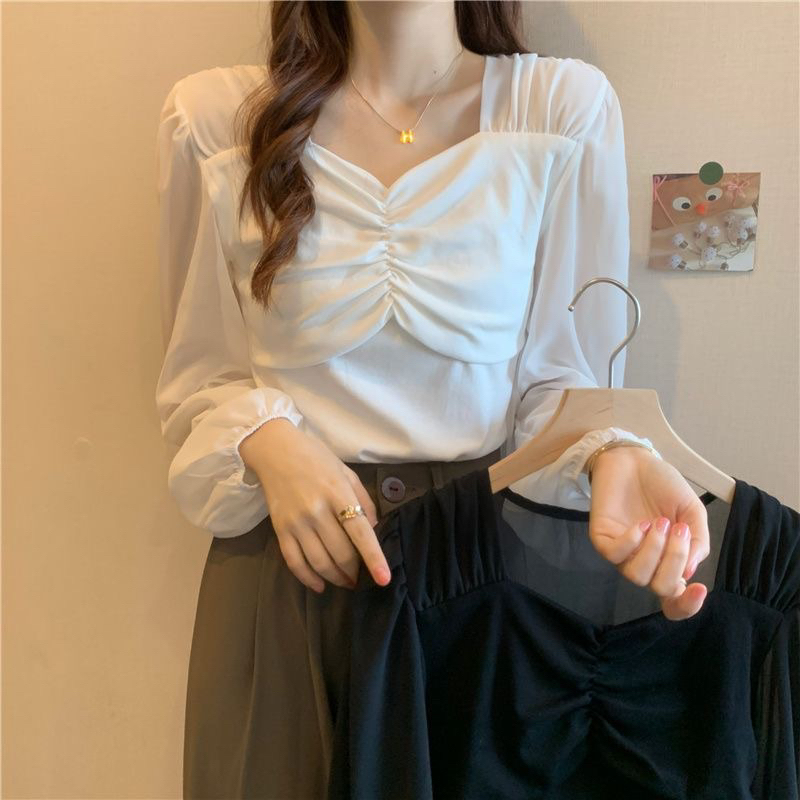 1LDK พร้อมส่ง เสื้อไหมพรม คอวี แขนยาวชีฟอง จั๊มแขน ผ้าบางใส่สบาย(9989)