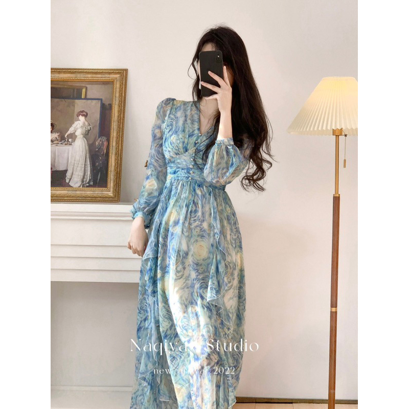ชุดเดรสยาว พิมพ์ลาย สีฟ้าขาว แขนยาว แต่งระบาย สไตล์เกาหลี