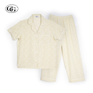 G&amp;G Nightwear รุ่น EN7P25 ชุดนอนเสื้อแขนสั้นคอปก + กางเกงขายาว ลายดอกไม้ ผ้าไหมอิตาลี สี YE