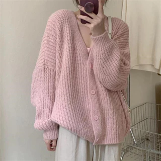 เสื้อคลุมไหมพรมคาร์ดิแกน สีพื้น แบบกระดุม เนื้อผ้าหนานิ่ม ทรงหลวม สไตส์เกาหลี