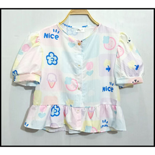 เสื้อแฟชั่น กระดุมหน้า ลายน่ารัก แขนสั้น