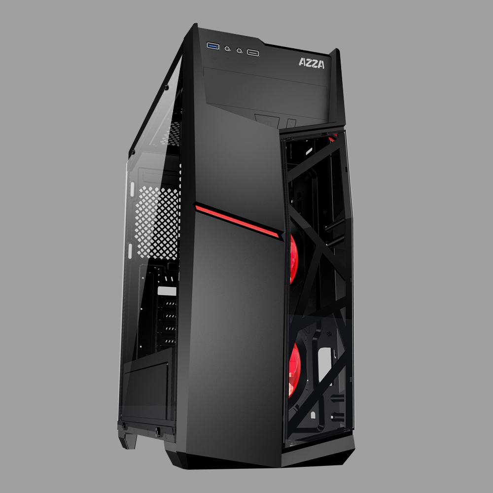 🖥 เคสคอมพิวเตอร์ AZZA GOLEM 221G ATX Mid Tower Gaming Case พร้อมพัดลมไฟสีแดง 2 ตัว