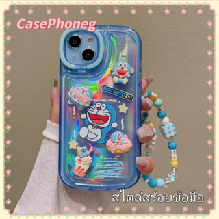 🍑CasePhoneg🍑ป้องกันการหล่น ขอบเต็ม สไตล์สร้อยข้อมือ iPhone 11 14 pro max การ์ตูน โดราเอมอน สีฟ้า case for iPhone 12 13