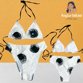 bikini รุ่นผูก สีขาว ลายจุดใหญ่สีดำ ทรงสามเหลี่ยม ไซต์ S พร้อมส่ง