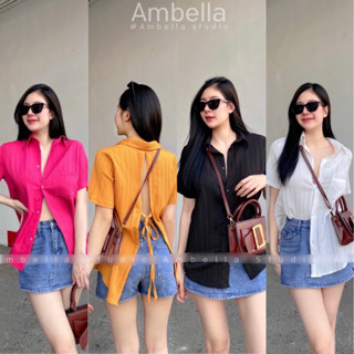 Ambella เสื้อเชิ้ตแขนสั้นคอปก สายผูกด้านหลัง ทรง oversize ผ้าพริ้วใส่สบายสีสันสดใส แฟชั่นผู้หญิง