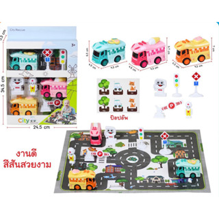 รถของเล่น City Rescue รถเข็นลาน 3 คันพร้อมแผ่นถนนจำลอง และอุปกรณ์ของเล่นถนนการจราจร สัญญาณจราจร รถเด็กเล่น