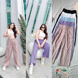 กางเกงขายาววินเทจไซส์ใหญ่ ลายริ้วสีพาสเทล ตีเกล็ดหน้า สม็อคหลัง สาวอวบอ้วนใส่เที่ยว/ทำงาน