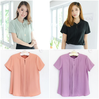 Narinari : NT130 Key Hole Tucked Blouse เสื้อทำงาน