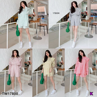 TwinsShopVip💗พร้อมส่ง TW17800 Set 2 ชิ้น เาื้อริ้วแขนยาวกระดุมหน้า ปกใหญ่ + กางเกงริ้วขาสั้น ..