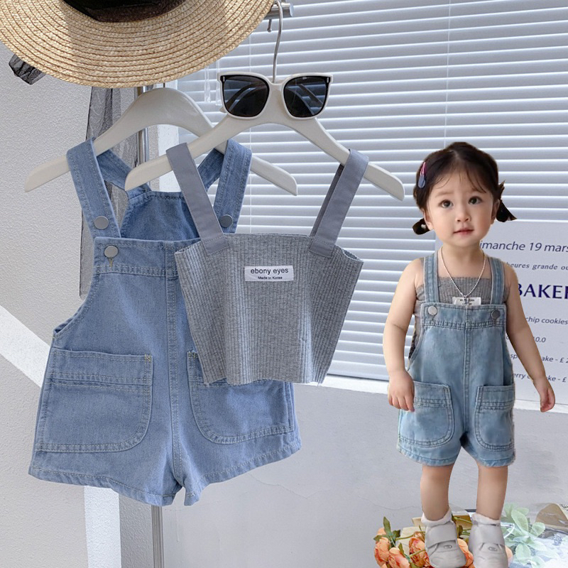 พร้อมส่ง เซ็ตเอี๊ยมยีนส์+เสื้อกล้ามเทา สุดคุ้ม งานน่ารักพรีเมี่ยมมาก