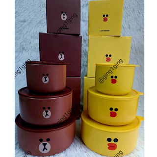 (ส่งฟรีEMS พร้อมส่งในไทย) Line Friends เซทชามเซรามิก 3 ชั้น ใหญ่+กลาง+เล็ก พร้อมฝาปิดสูญญากาศ เก็บอาหารดีมาก (ของแท้)