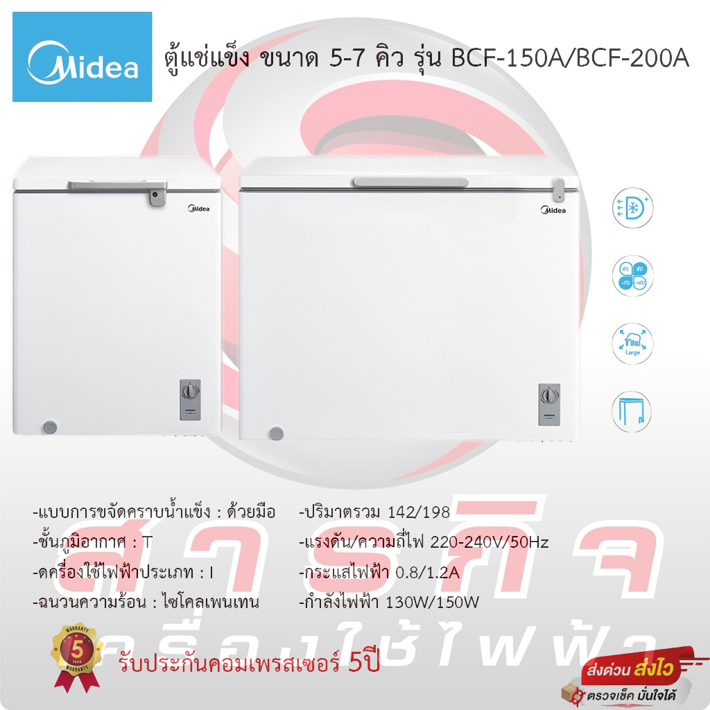 ตู้แช่ Midea(มีเดีย) ความจุ 5-7Q (Midea Chest Freezer 150-200L) รุ่น BCF-150A/BCF-200A รับประกันคอมเ