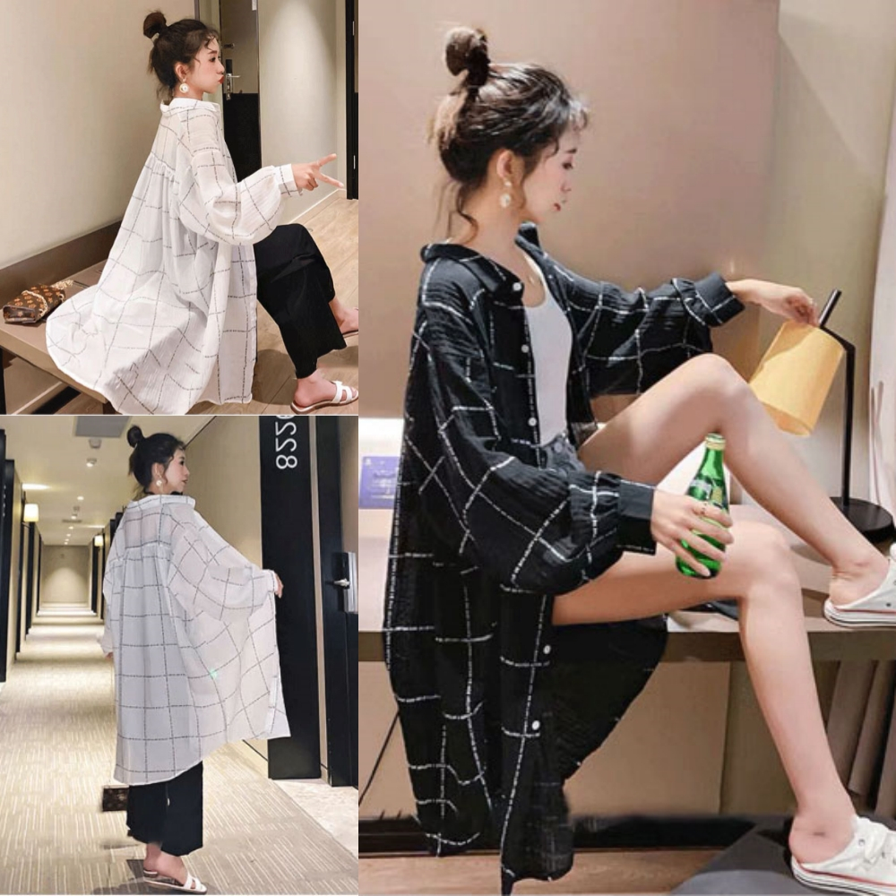 เสื้อเชิ้ตคลุมลายสก๊อตคอปกแขนยาวผู้หญิง LK7792 oversize ตัวยาว แขนพัฟแฟชั่นสไตล์เกาหลี สีขาว/ดำ