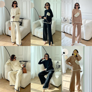 ชุดเซ็ตไหมพรม แขนยาว แต่งขอบทูโทน ผ้านิต Korea Knit Set Longsleeves Top + Pants