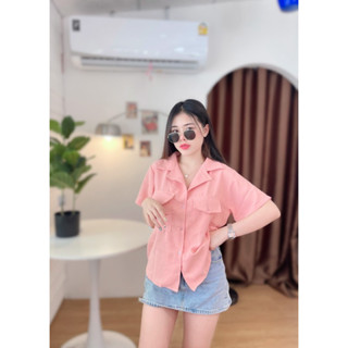 🔆Sunny🔆เสื้อเชิ้ตแขนสั้นกระเป๋าคู่ SMLใส่ได้✨ผ้าวาฟเฟิลรังผึ้ง🐝า