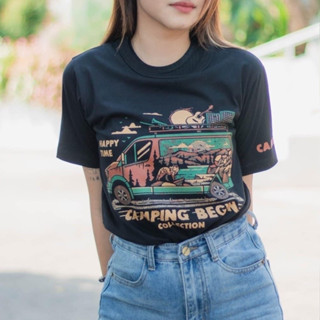 (พร้อมส่ง) เสื้อยืด CAMPING BEGIN HAPPYTIME - ผ้า Cotton100%