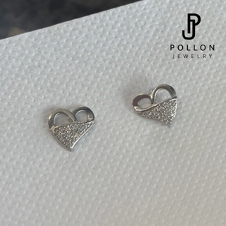 POLLON ต่างหูสำหรับผิวแพ้ง่าย ต่างหูห่วงลายหัวใจฝังเพชรครึ่งวง สีเงิน สแตนเลส 94.8% Swarovski  แท้