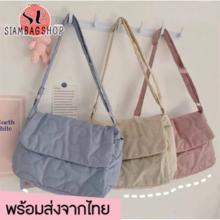 SIAMBAGSHOP(S1892) กระเป๋าสะพายข้างใบใหญ่ ลายปะหัวใจ-ผ้าฝ้ายผสมคอตตอน